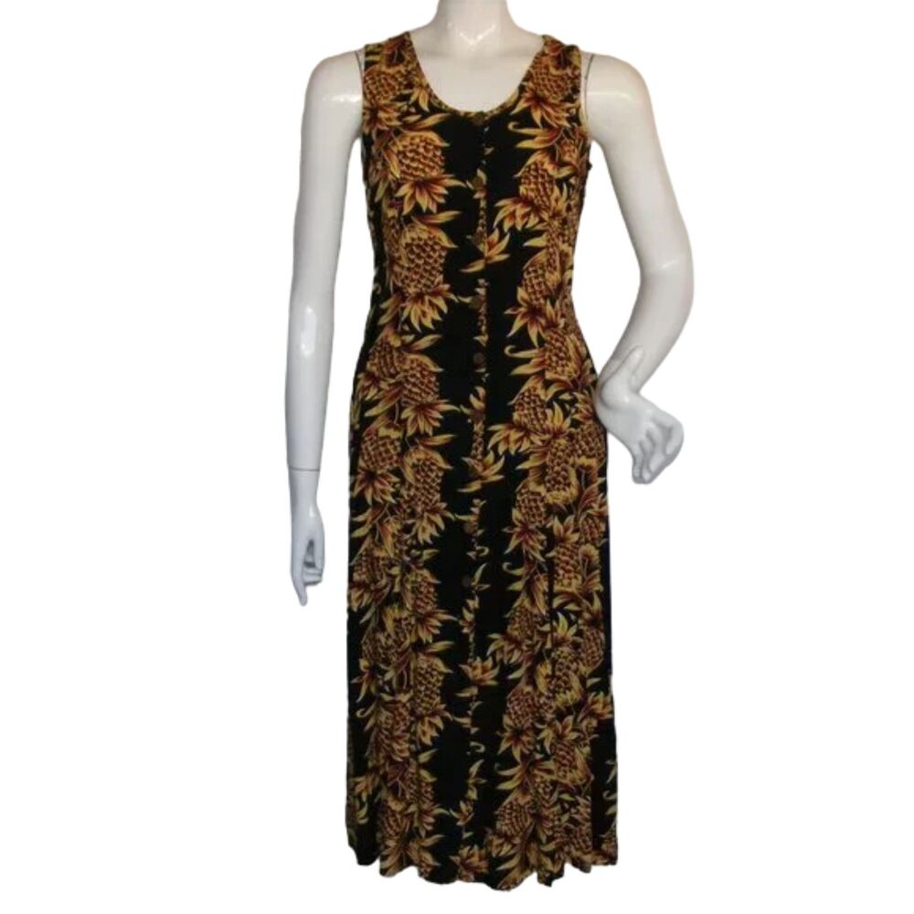 PINEAPPLE MOON Midi Dress, 2, Pineapple print, Sleeveless, Sheath, Black/Yellow